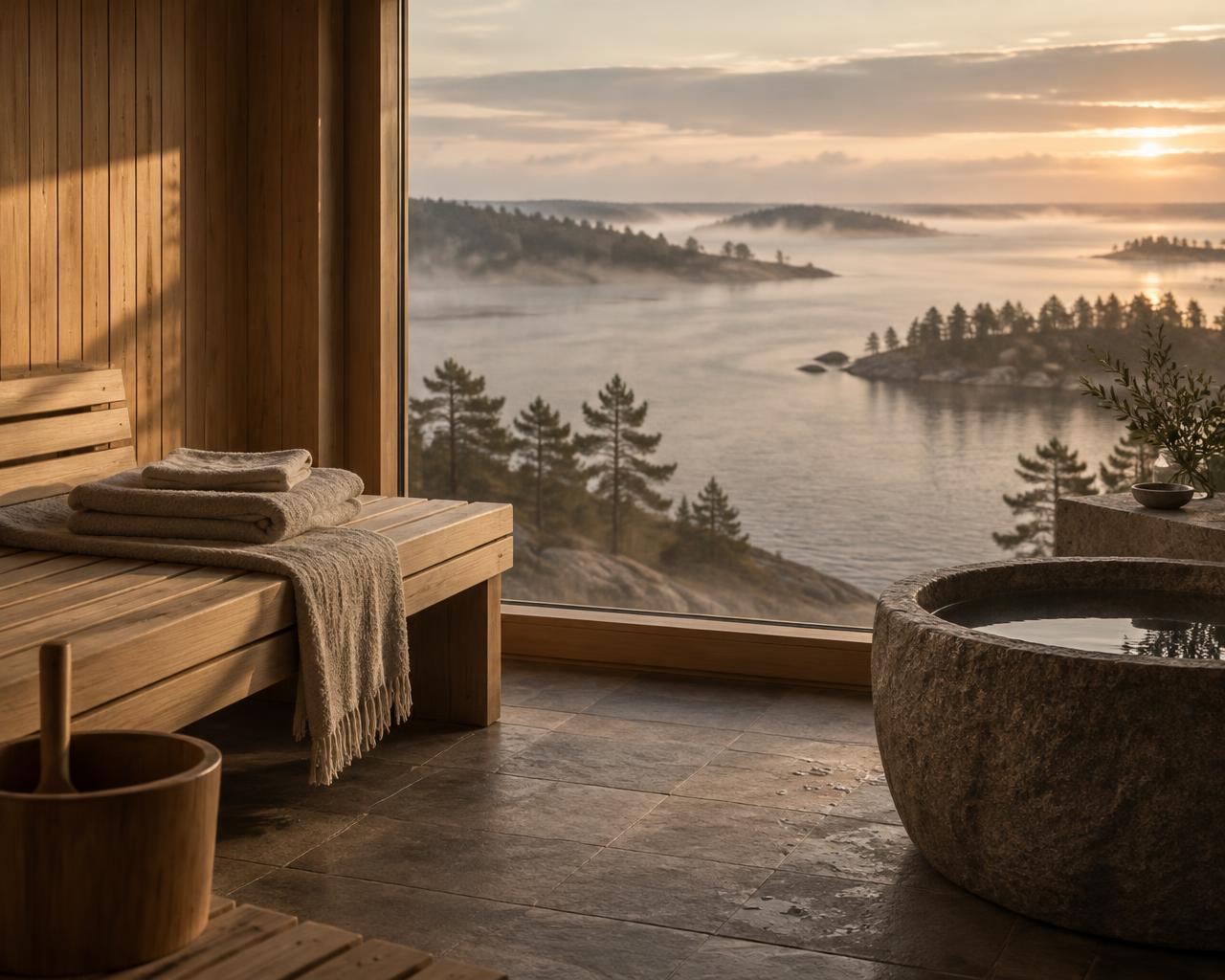 Lugn spa-miljö med träbänk och utsikt över Stockholms skärgård