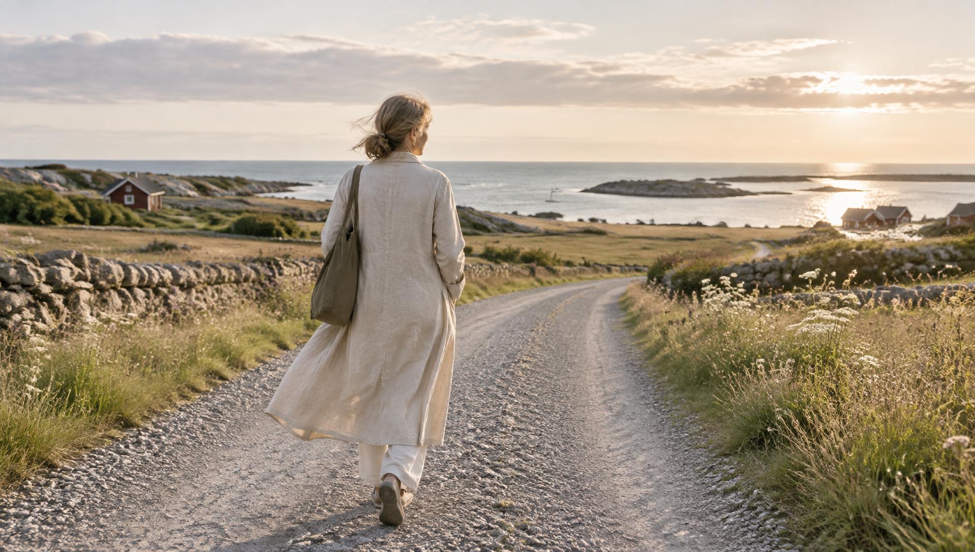 En kvinna som går framåt längs en öppen grusväg mot havet